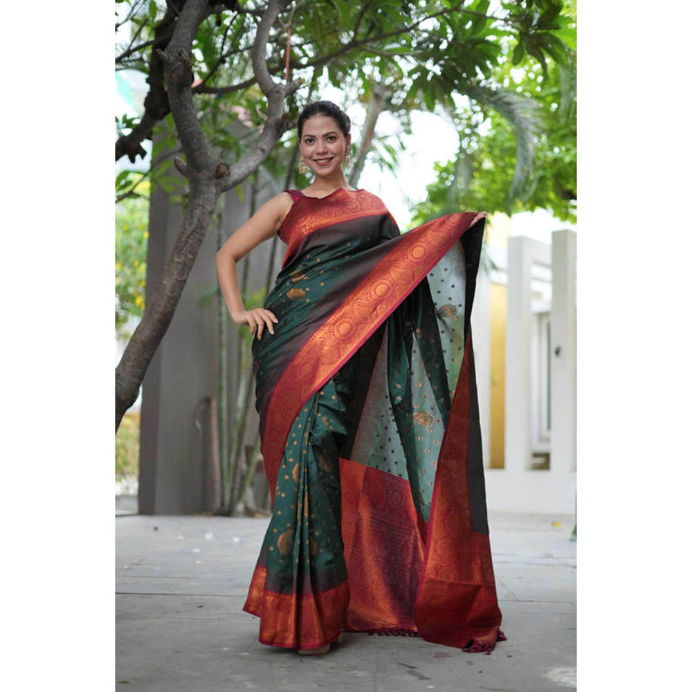 Isadora Life Womens Woven Tassels Green Pre-Draped Saree With Unstitched Blouse