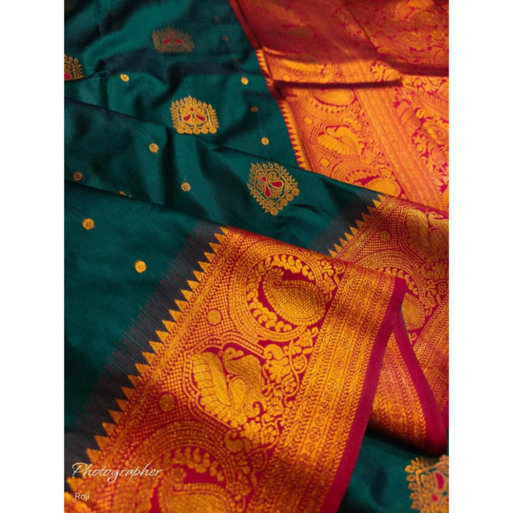 Isadora Life Womens Woven Tassels Green Pre-Draped Saree With Unstitched Blouse