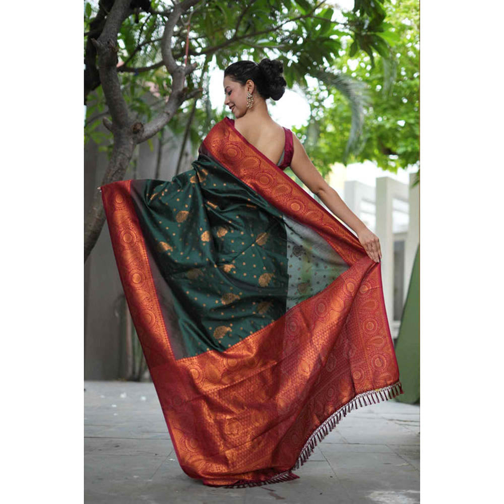 Isadora Life Womens Woven Tassels Green Pre-Draped Saree With Unstitched Blouse