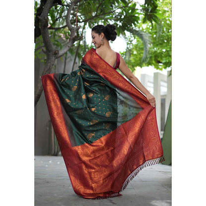 Isadora Life Womens Woven Tassels Green Pre-Draped Saree With Unstitched Blouse