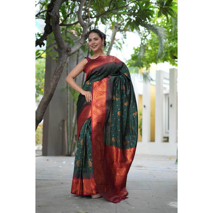Isadora Life Womens Woven Tassels Green Pre-Draped Saree With Unstitched Blouse