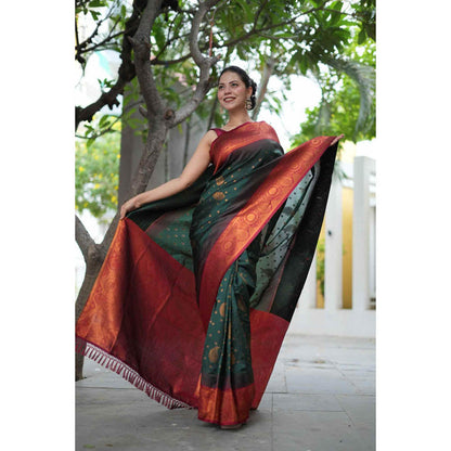 Isadora Life Womens Woven Tassels Green Pre-Draped Saree With Unstitched Blouse