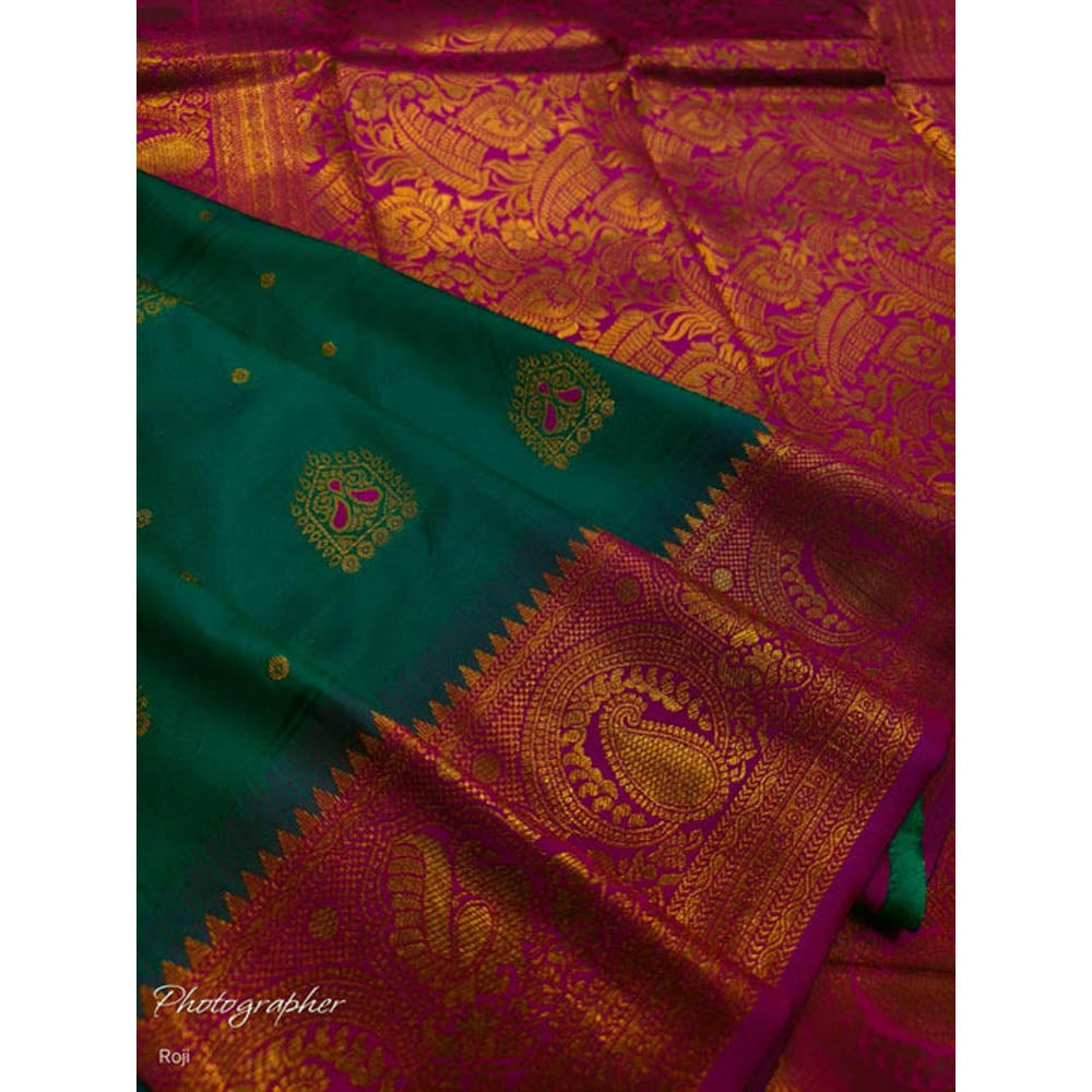 Isadora Life Womens Woven Tassels Green Pre-Draped Saree With Unstitched Blouse