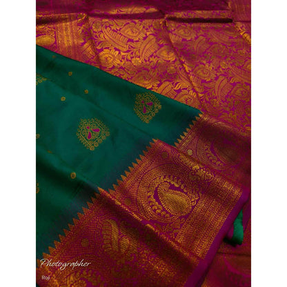 Isadora Life Womens Woven Tassels Green Pre-Draped Saree With Unstitched Blouse