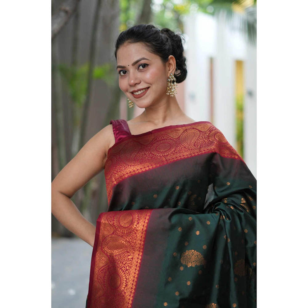 Isadora Life Womens Woven Tassels Green Pre-Draped Saree With Unstitched Blouse