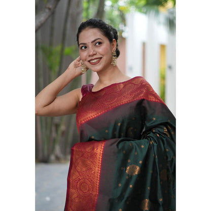 Isadora Life Womens Woven Tassels Green Pre-Draped Saree With Unstitched Blouse