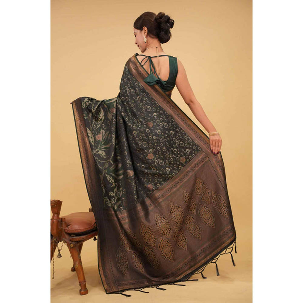 Isadora Life Womens Printed Tassels Black Pre-Draped Saree With Unstitched Blouse