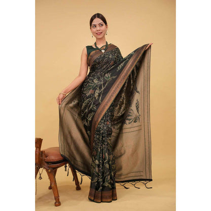 Isadora Life Womens Printed Tassels Black Pre-Draped Saree With Unstitched Blouse