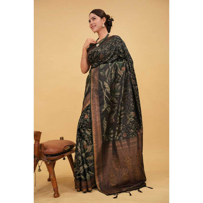 Isadora Life Womens Printed Tassels Black Pre-Draped Saree With Unstitched Blouse