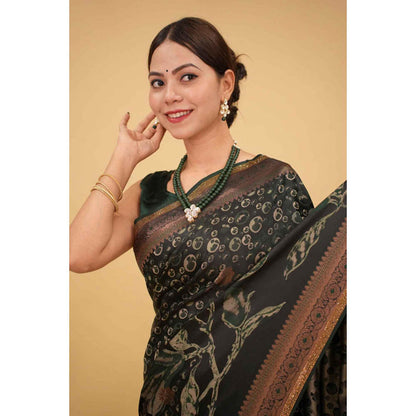 Isadora Life Womens Printed Tassels Black Pre-Draped Saree With Unstitched Blouse