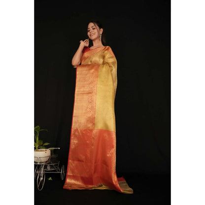 Isadora Life Womens Solid Zari Gold Pre-Draped Saree With Unstitched Blouse