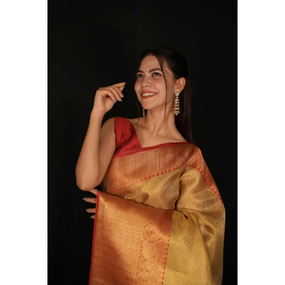 Isadora Life Womens Solid Zari Gold Pre-Draped Saree With Unstitched Blouse