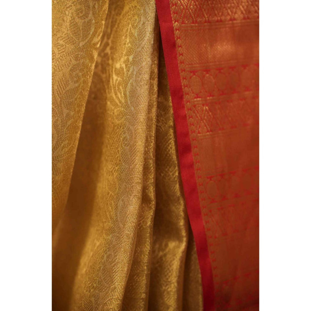 Isadora Life Womens Solid Zari Gold Pre-Draped Saree With Unstitched Blouse