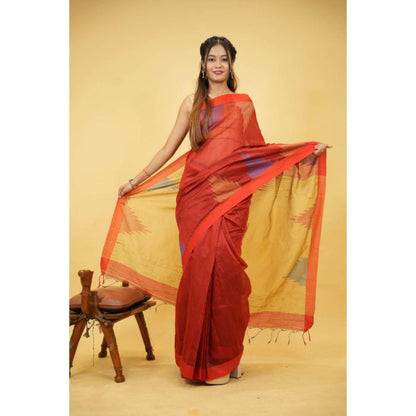 Isadora Life Womens Woven Ikat Red Pre-Draped Saree With Unstitched Blouse