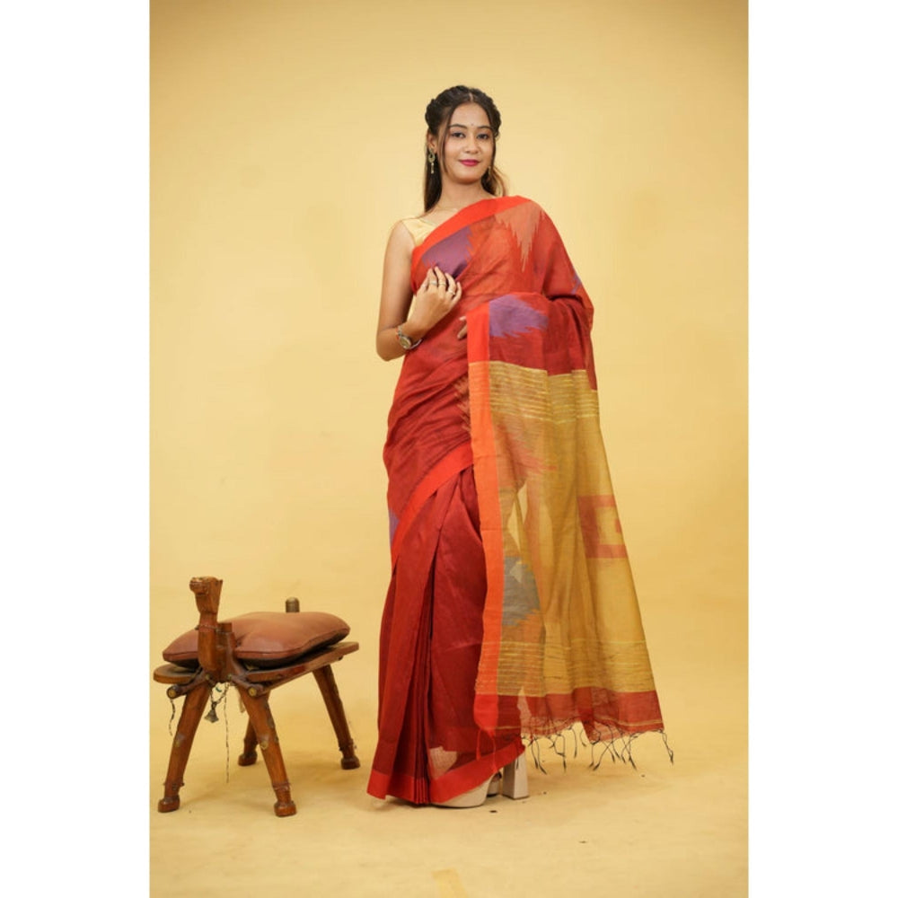 Isadora Life Womens Woven Ikat Red Pre-Draped Saree With Unstitched Blouse
