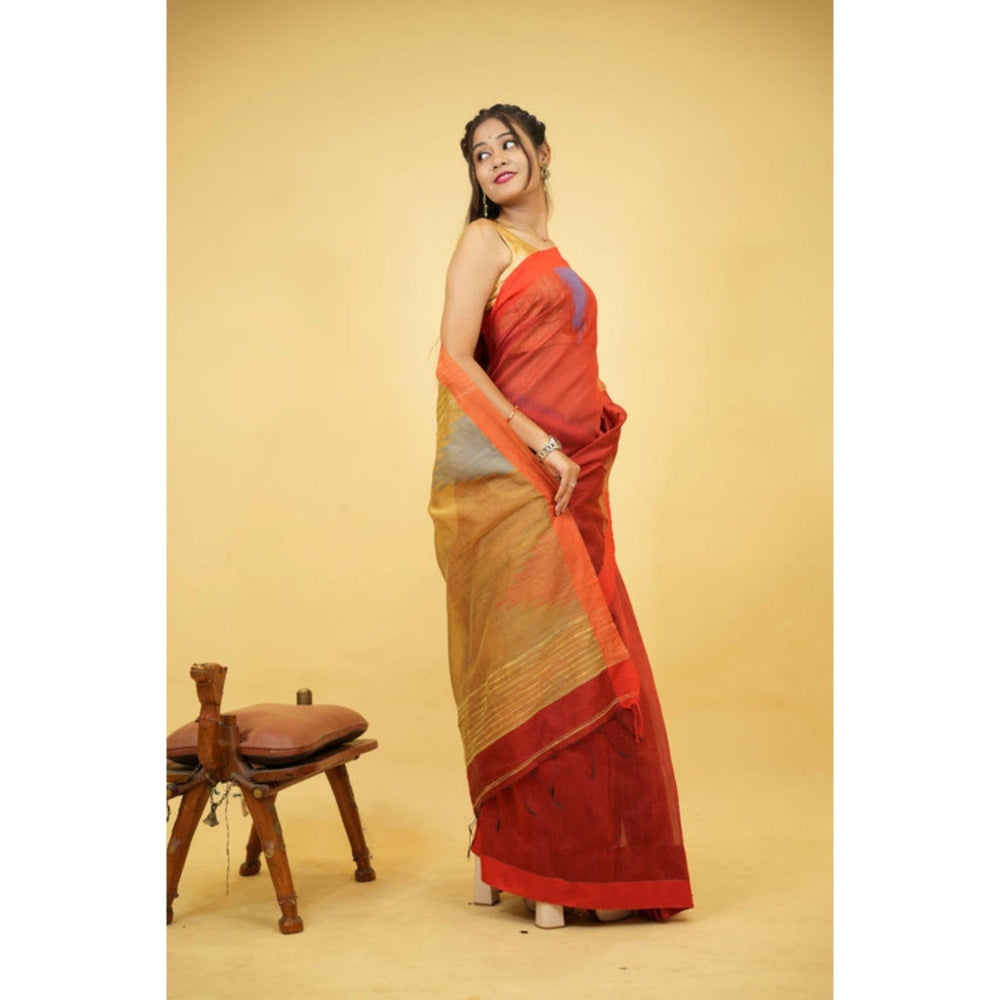 Isadora Life Womens Woven Ikat Red Pre-Draped Saree With Unstitched Blouse