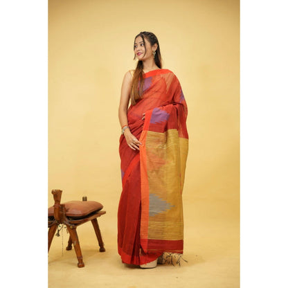 Isadora Life Womens Woven Ikat Red Pre-Draped Saree With Unstitched Blouse