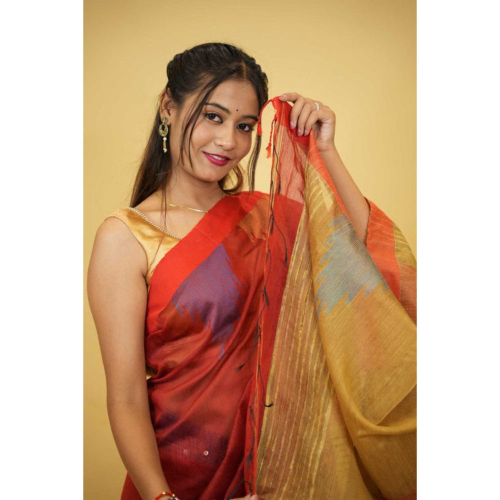 Isadora Life Womens Woven Ikat Red Pre-Draped Saree With Unstitched Blouse