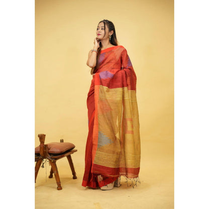 Isadora Life Womens Woven Ikat Red Pre-Draped Saree With Unstitched Blouse