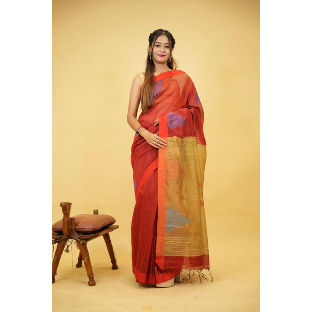 Isadora Life Womens Woven Ikat Red Pre-Draped Saree With Unstitched Blouse