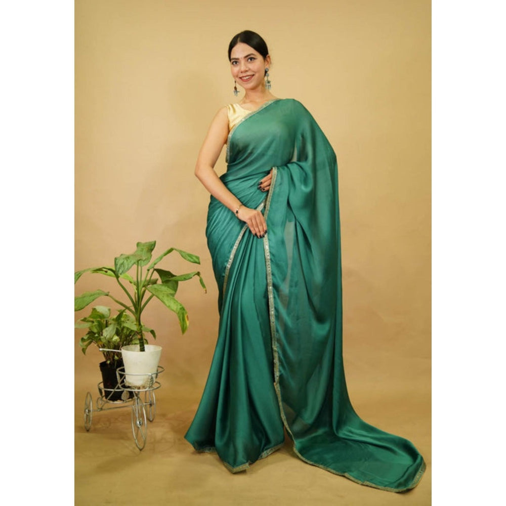 Isadora Life Womens Solid Sequined Green Pre-Draped Saree With Unstitched Blouse