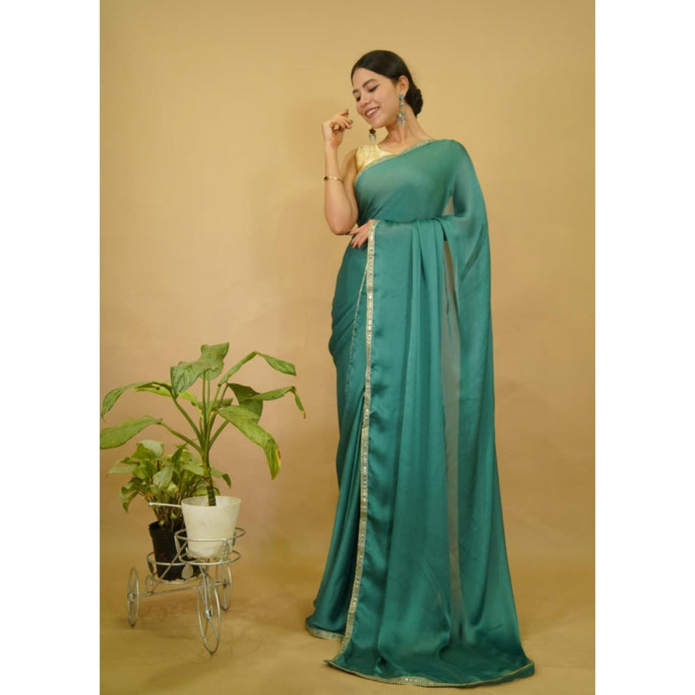 Isadora Life Womens Solid Sequined Green Pre-Draped Saree With Unstitched Blouse