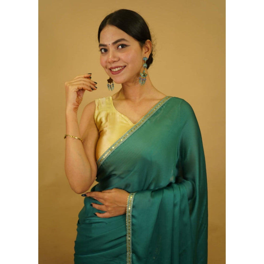 Isadora Life Womens Solid Sequined Green Pre-Draped Saree With Unstitched Blouse