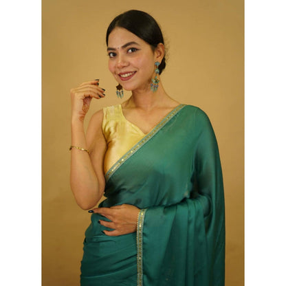 Isadora Life Womens Solid Sequined Green Pre-Draped Saree With Unstitched Blouse