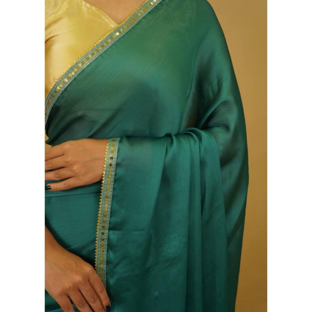 Isadora Life Womens Solid Sequined Green Pre-Draped Saree With Unstitched Blouse