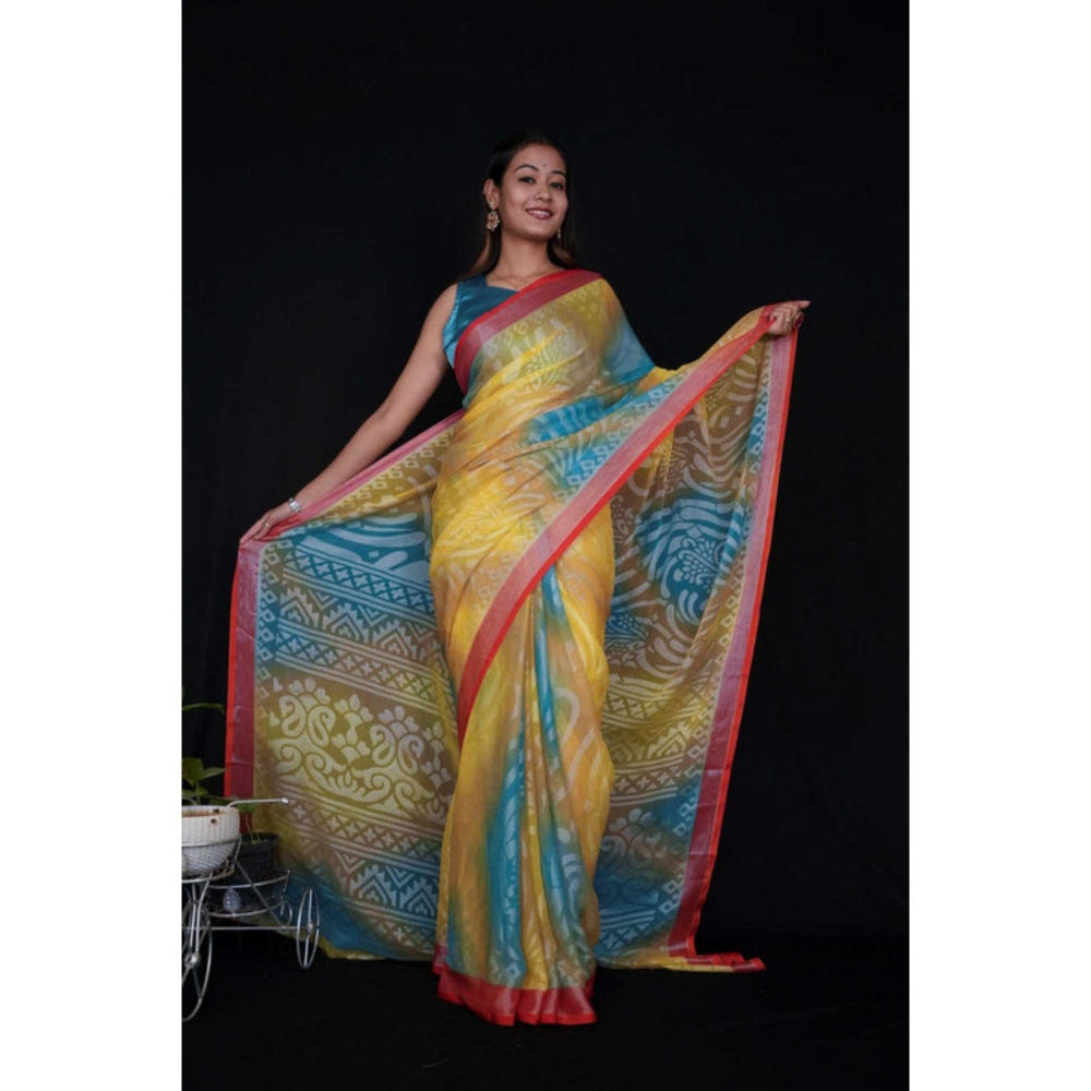 Isadora Life Womens Printed Multi-Color Pre-Draped Saree With Unstitched Blouse