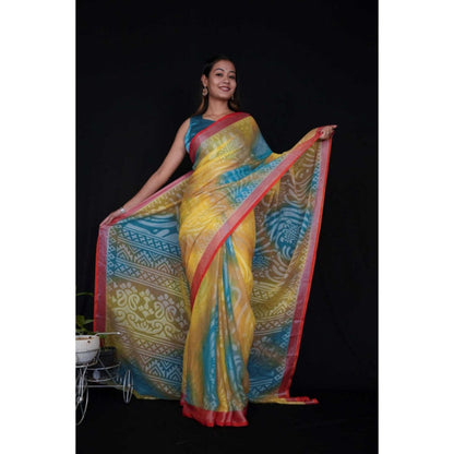 Isadora Life Womens Printed Multi-Color Pre-Draped Saree With Unstitched Blouse