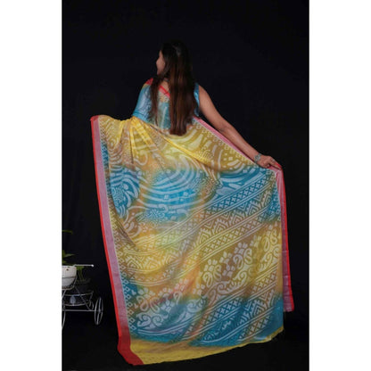 Isadora Life Womens Printed Multi-Color Pre-Draped Saree With Unstitched Blouse