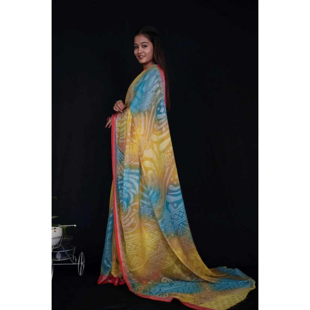 Isadora Life Womens Printed Multi-Color Pre-Draped Saree With Unstitched Blouse