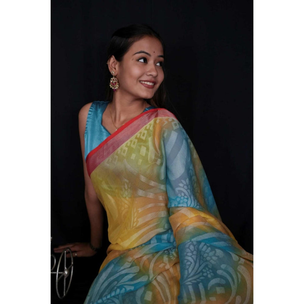 Isadora Life Womens Printed Multi-Color Pre-Draped Saree With Unstitched Blouse