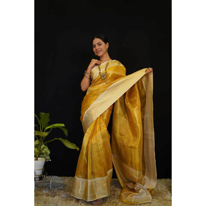 Isadora Life Womens Woven Zari Yellow Pre-Draped Saree With Unstitched Blouse
