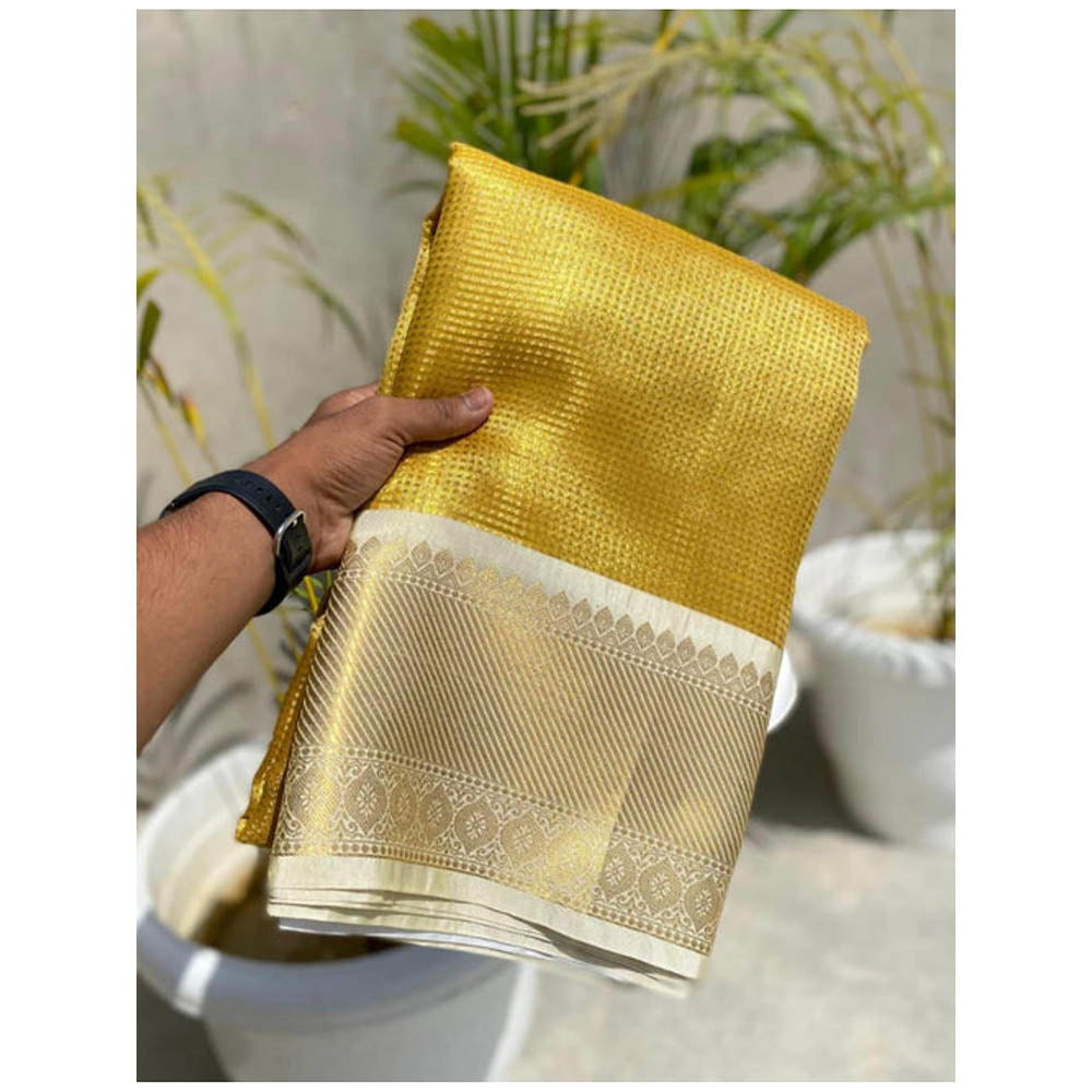 Isadora Life Womens Woven Zari Yellow Pre-Draped Saree With Unstitched Blouse