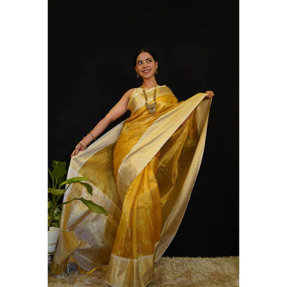 Isadora Life Womens Woven Zari Yellow Pre-Draped Saree With Unstitched Blouse