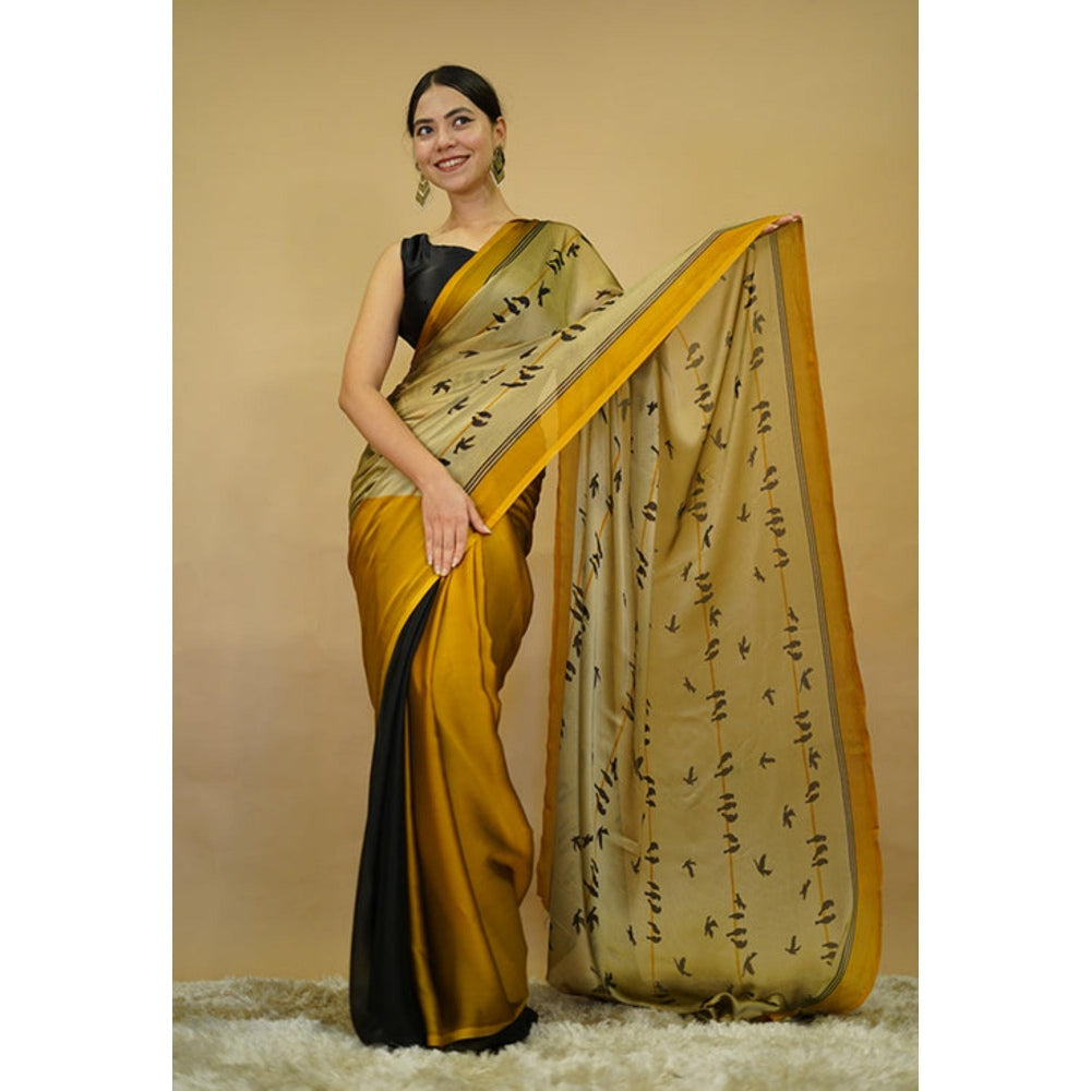 Isadora Life Womens Printed Yellow Pre-Draped Saree With Unstitched Blouse