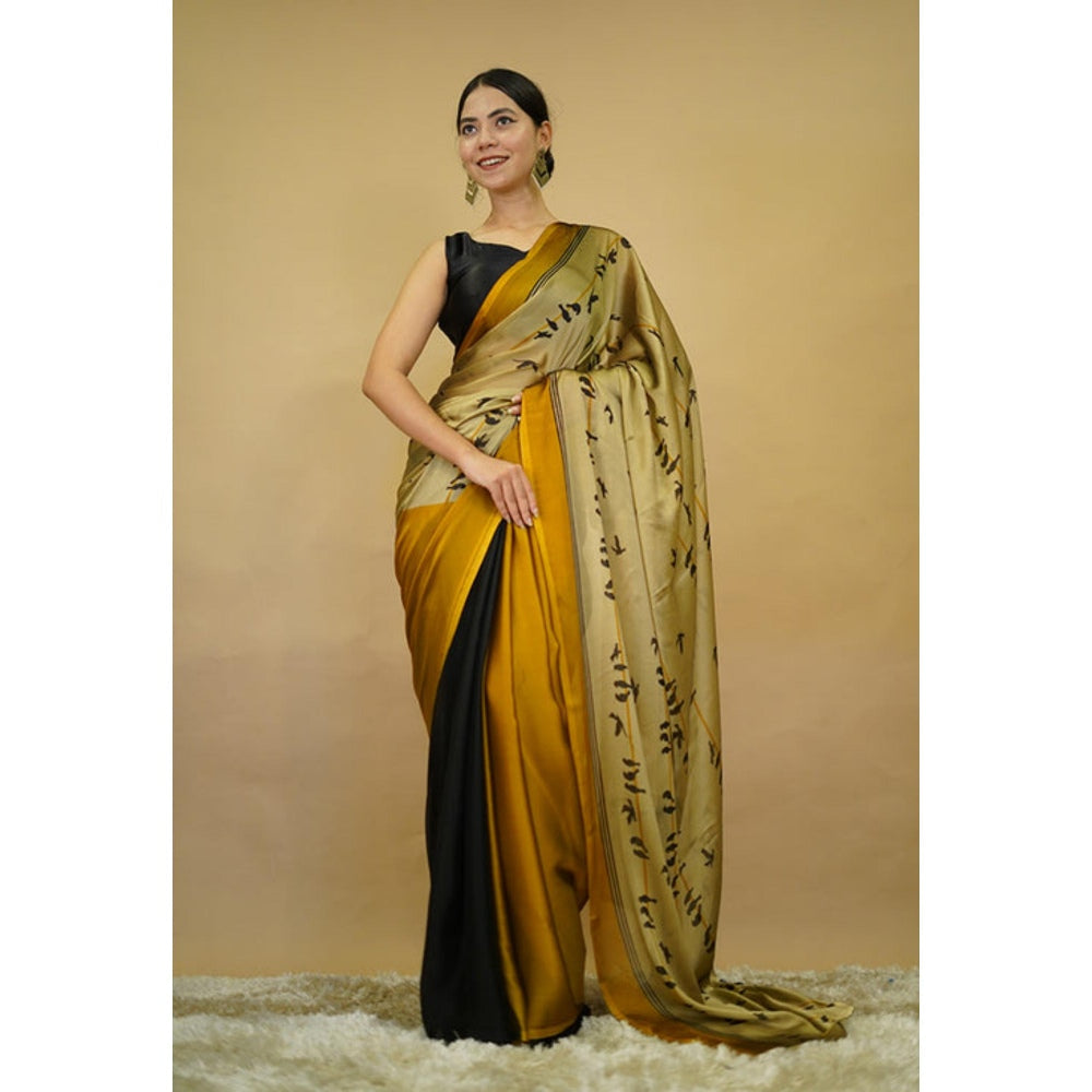 Isadora Life Womens Printed Yellow Pre-Draped Saree With Unstitched Blouse