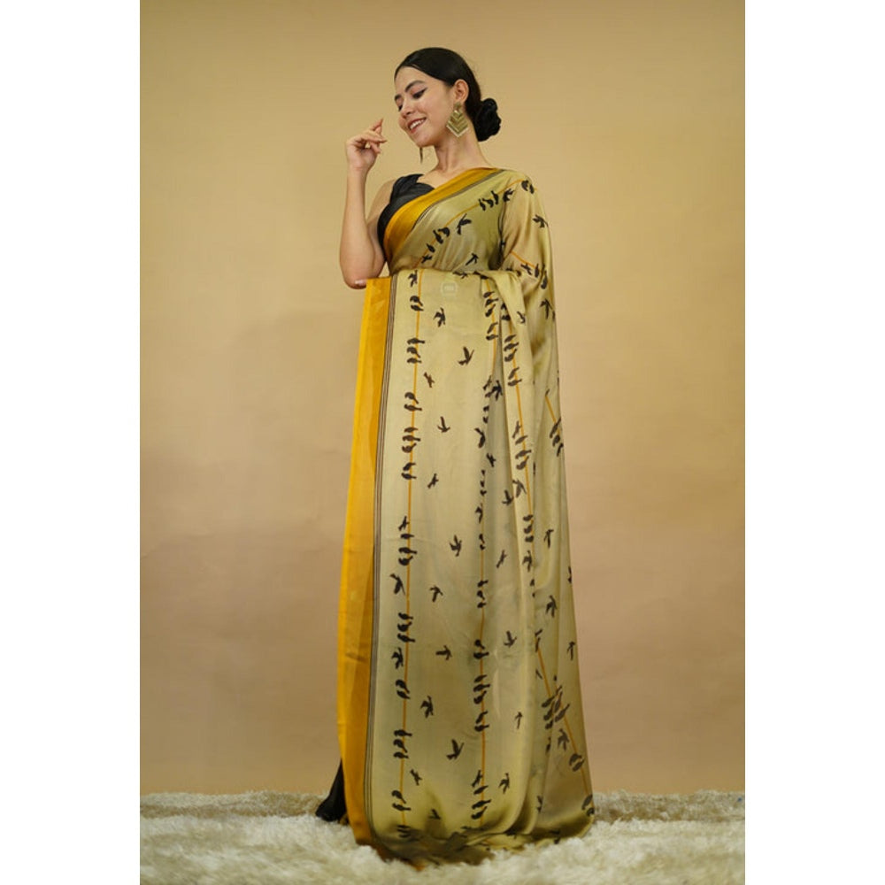 Isadora Life Womens Printed Yellow Pre-Draped Saree With Unstitched Blouse