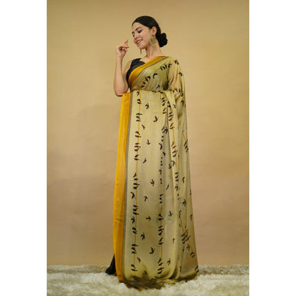 Isadora Life Womens Printed Yellow Pre-Draped Saree With Unstitched Blouse
