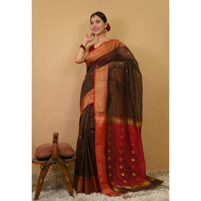 Isadora Life Womens Woven Zari Brown Pre-Draped Saree With Unstitched Blouse