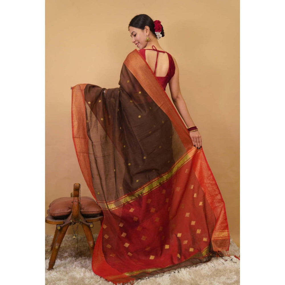 Isadora Life Womens Woven Zari Brown Pre-Draped Saree With Unstitched Blouse