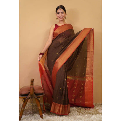 Isadora Life Womens Woven Zari Brown Pre-Draped Saree With Unstitched Blouse