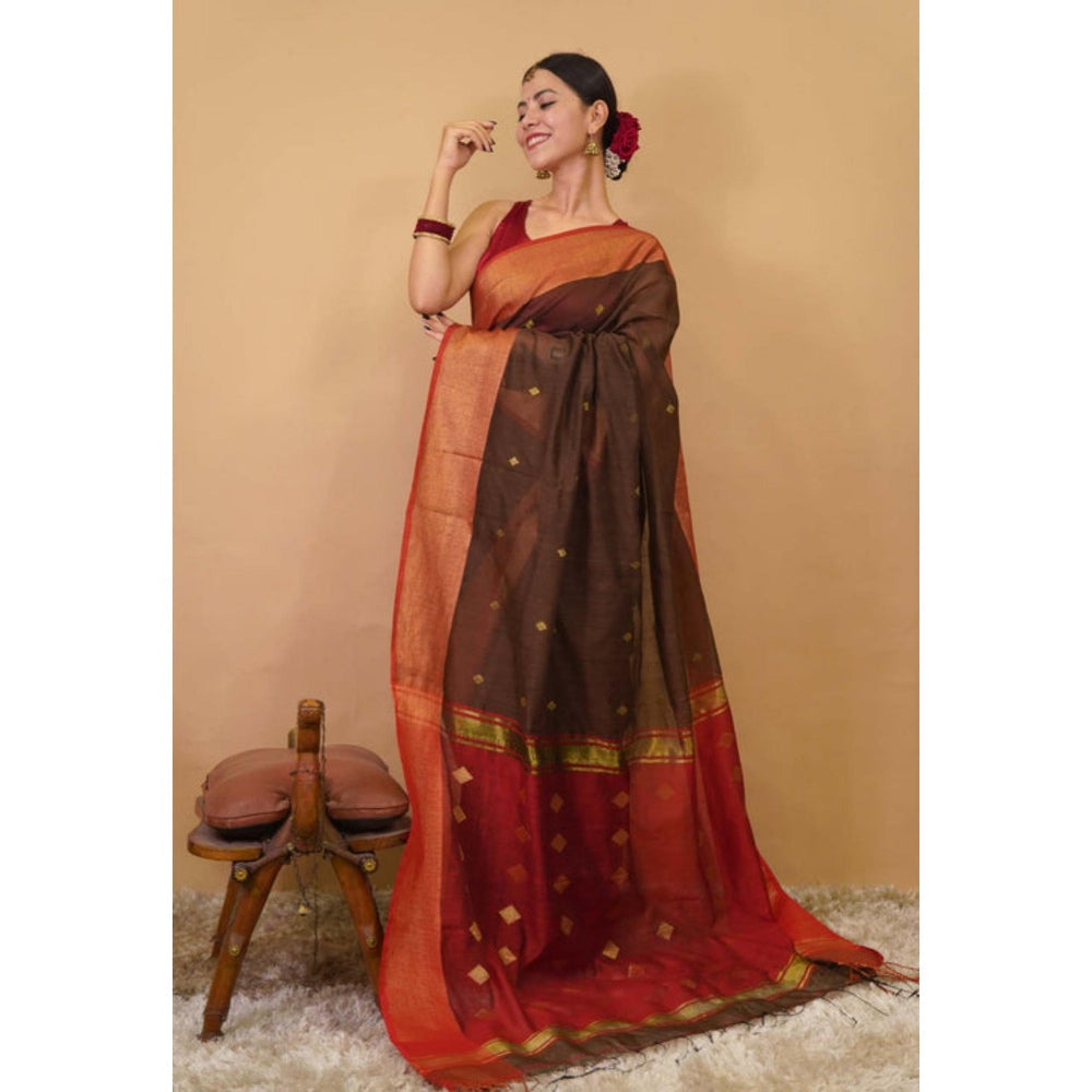 Isadora Life Womens Woven Zari Brown Pre-Draped Saree With Unstitched Blouse