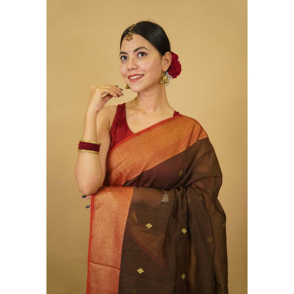 Isadora Life Womens Woven Zari Brown Pre-Draped Saree With Unstitched Blouse
