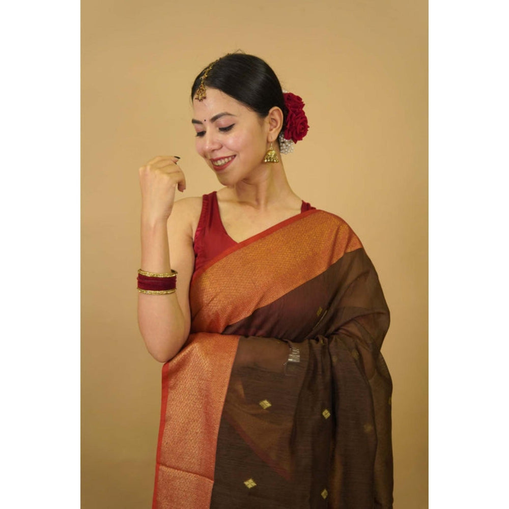 Isadora Life Womens Woven Zari Brown Pre-Draped Saree With Unstitched Blouse