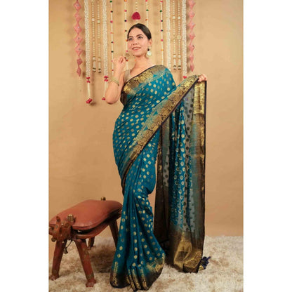 Isadora Life Womens Woven Tassels Blue Pre-Draped Saree With Unstitched Blouse