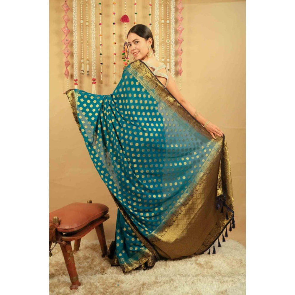 Isadora Life Womens Woven Tassels Blue Pre-Draped Saree With Unstitched Blouse
