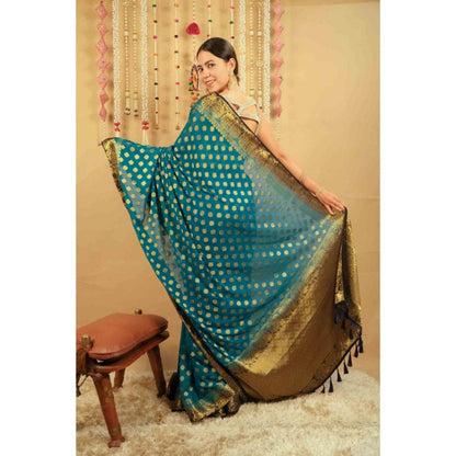 Isadora Life Womens Woven Tassels Blue Pre-Draped Saree With Unstitched Blouse